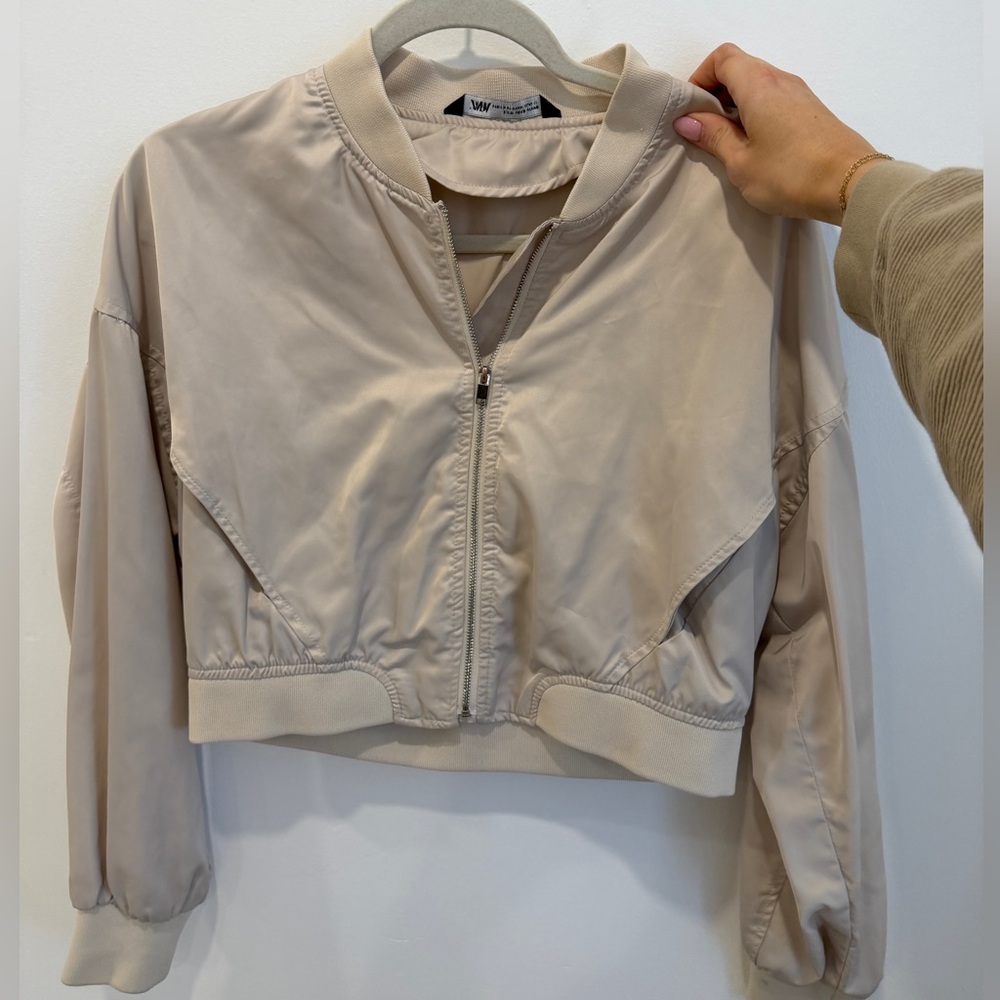 Zara Light Beige Cropped Bomber Jacket - Women